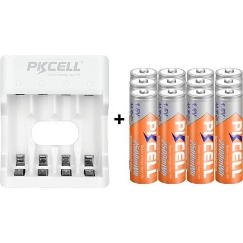 12PCS PKCELL 1.6v 2500mWh AA Battery NI-ZN Rechargeable Battery Batteries with 1Pcs NIZN Battery Charger for NIZN AAA AA battery