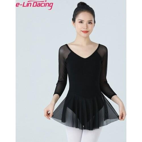 Women Ballet Chiffon Skirt Ballet Leotard For Ladies 3/4 Long Sleeve Adult Gymnastics Training Tutu Dress Dancing Bodysuit