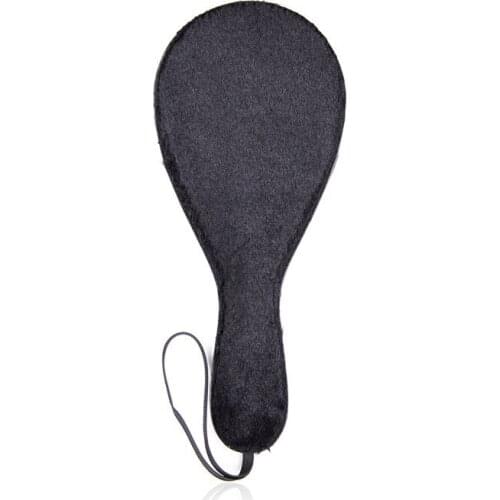 Black Plush Round Racquet Leather Handle Skin Pat Female Sex Toy Wooden Paddle