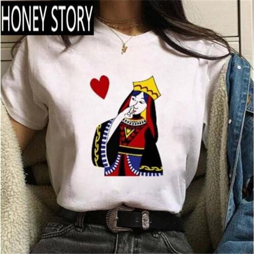 FIXSYS Playing Cards Heart Graphic Print T Shirt Women Harajuku Fashion Retro White Poker Funny Short Sleeve Femme Tops