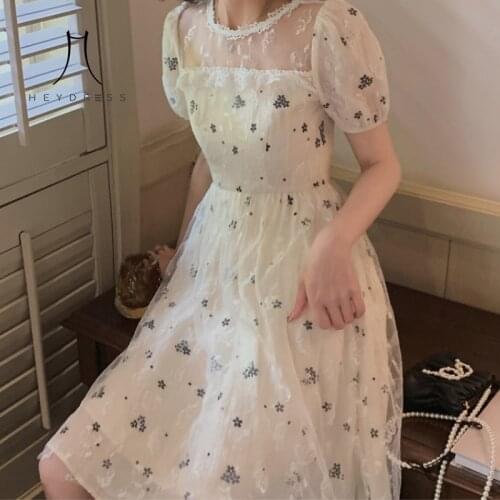 Heydress Elegant Vintage Print Dresses Women Kawaii Sweet Patchwork Bubble Sleeve Dress Pretty Romantic Summer Light Dress 2021