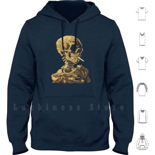 Van Gogh Pixel Art-Skull Of A Skeleton With Burning Cigarette Hoodie Long Sleeve Pixel Art Pixel Van Gogh Skull