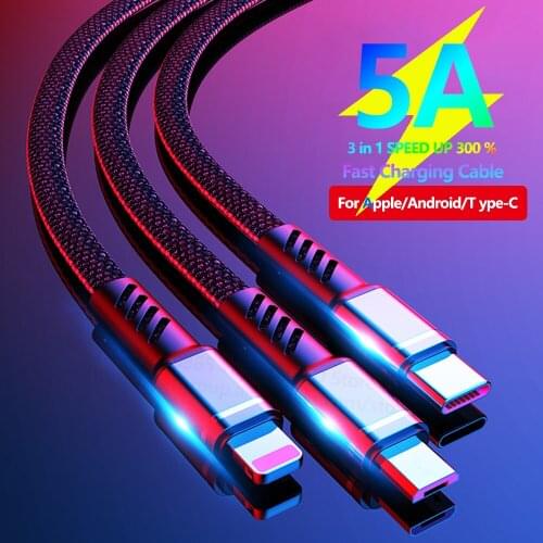 FLOVEME 5A 3 In 1 USB Charge Cable Micro USB Type C Cable Phone Fast Charging USB Cable For iPhone Samsung Xiaomi Huawei Charger