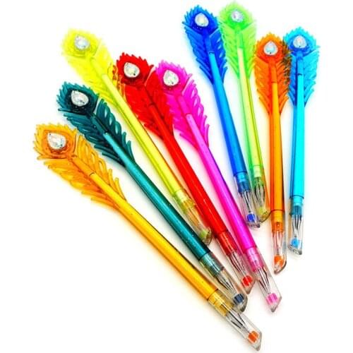 12pcs kawaii Diamond Unisex Pen Feather Peacock Multicolour Pens For Kids Painting Drawing Set Cute Stationery pen 0.38mm