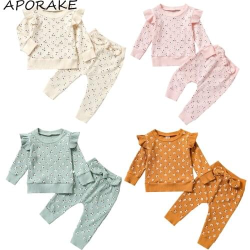 2021 0-4Y Toddler Girl Clothing Spring Fal Sweet Floral Print Ruffle Long Sleeve O Neck Top+Bow Long Pants Knit 2pcs Outfits Set