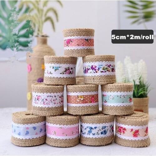 Multi Colors 5cm 2m/roll Natural Jute Burlap Ribbon Trim Fabric Wedding Decor Hessian Lace Jute Roll Christmas Party SuppliesDIY