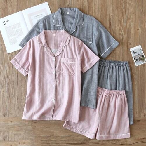 Summer new pajamas two-piece couple 100% pure cotton knitted simple lattice breathable men and women short-sleeved shorts set