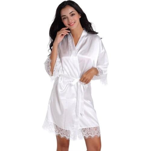 Summer Womens Imitation Silk Thin Bathrobe Medium Knee Length Solid Lace Three-Quarter Sleeve Pajamas