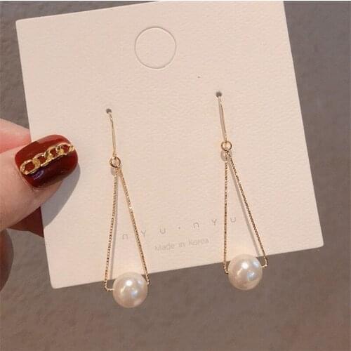 Fashion Simple Triangle Long Earrings with Pearl Gold Color Plated Hook Hanging Freshwater Pearl Earrings For Women Jewelry Gift