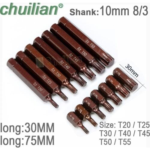 10mm 8/3 shank Torx Spline Screwdriver Bit Set Socket Wrench Adapter Set Car Hand Tools Repair Kit S2 Alloy Steel Bits T20-T55