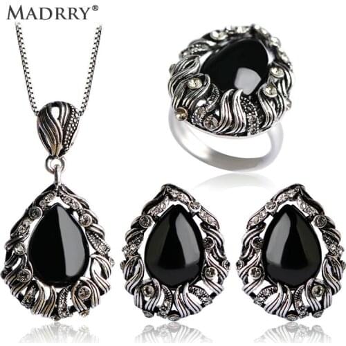 Madrry Alloy Metal Black Series Punk Jewelry Sets Water Drop Necklace Earrings Ring Antique Silver Color Vintage Brinco Anillo
