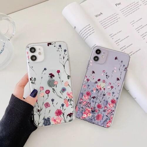 Clear Hand Painted Phone Case For iPhone 12 11 pro MAX Mini 6 7 8 Plus SE 2 Case For iphone X XS MAX XR Flower Cover Transparent