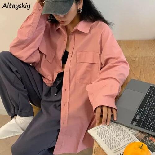 Shirts Women Pink Pockets Casual Chic Ulzzang All-match Female New Collection Students Spring Outerwear BF Style Hot Basic Tops
