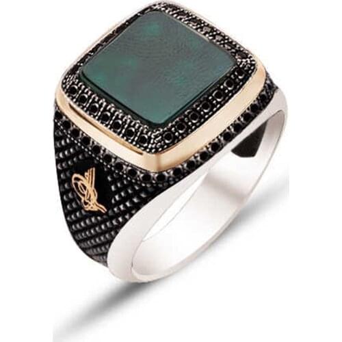 Silver Green Agate Stone Sides Black Zircon Embellishment Men 'S Ring