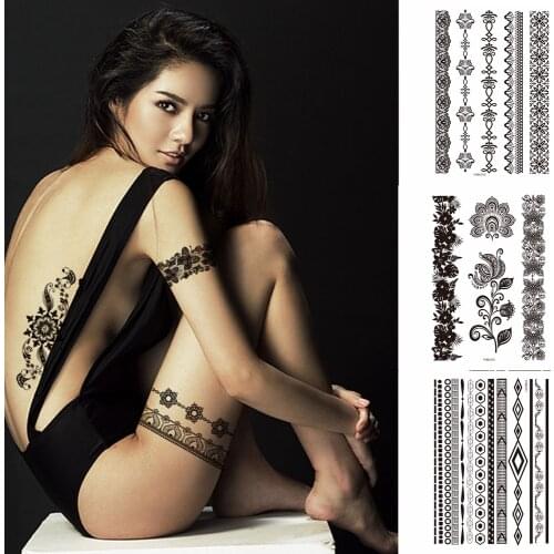 Tattoo Legs Black Henna Lace Bracelet Tattoo Sticker Jewelry Mehndi Stickers for Hand Finger Leg Thigh Body Art Decal