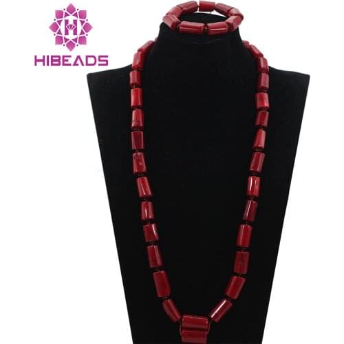 High Quality Men Coral Beads Necklace Bracelet Set 30 inches Nigerian Wedding Groom Jewelry Set Free Shipping CNR726