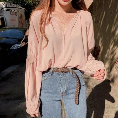 Early Autumn Korean Long Sleeve Womens Shirts Chic Solid Color Elegant V-neck Blouse Women Overalls Feminine BLUSAS 11191