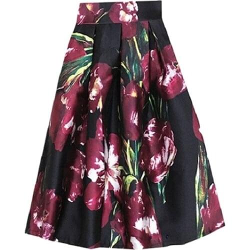 BunniesFairy 2021 Summer High Street Women Royal Vintage Purple Tulips Retro Flower Floral Print High Waist Flared Midi Skirt