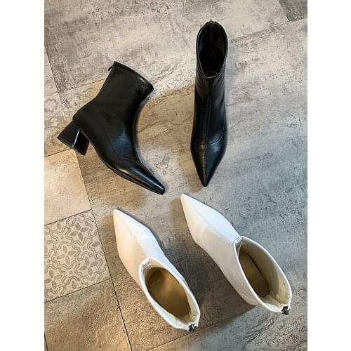 Womens shoes ankle boots 2020 winter new pointed toe fashion plus velvet warm zipper casual thick heel high heels