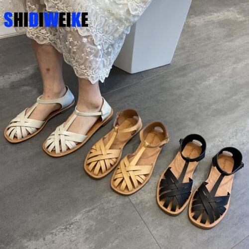 Cross weaving narrow band sandalias mujer ankle buckle square toe flats slippers vintage cut-out gladiator sandals casual shoes