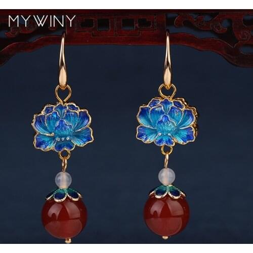 NEW MYWINY fashion jewelry Copper jewelry Cloisonne flowers vintage earrings women, Chinese wind nature stones