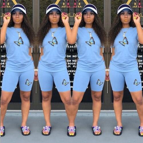 Butterfly Print Womens Set Two Piece Sport Suit Short Sleeve Round Neck T-shirt Tops and Workout Biker Short Casualware Sets