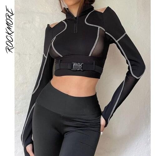 Rockmore Sexy Patched Buckle Crop Top Women T Shirt Gothic Hollow Out Long Sleeve Turtleneck Tees Punk Slim Corset Streetwear