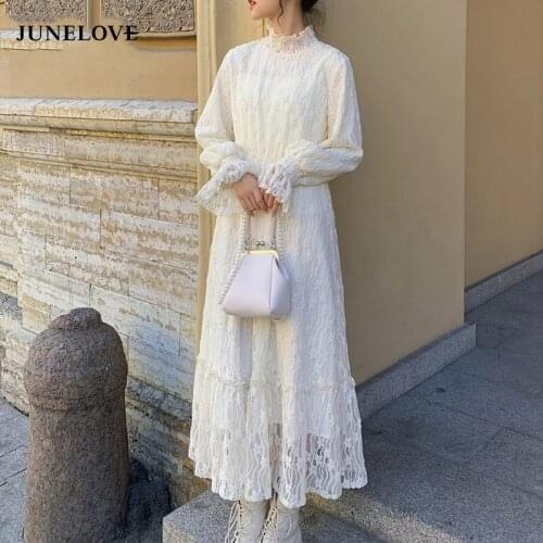 JuneLove Women Autumn Winter Elegant Long Maxi Dress Vintage Lace Mesh Female Long Maxi Dress Casual Lady Party Dress Vestidos