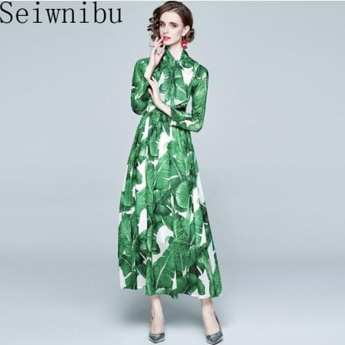 Seiwnibu Women Green Leaves Printed Long Maxi Dress Summer Autumn bohemian Beach dresses Plus Size Holiday Green Dresses Elegant