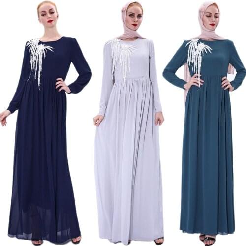 Women Muslim Chiffon Long Dress Elegant Arab Jilbab Abaya Ramadan Islamic Party Maxi Robe Appliques Long Sleeve Summer Gown New