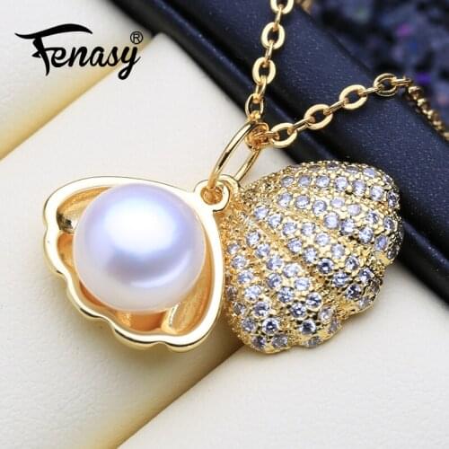 FENASY Shell Design Gold Color Pendant Natural Freshwater Pearl Necklace 925 Sterling Silver Chain Necklace For Women