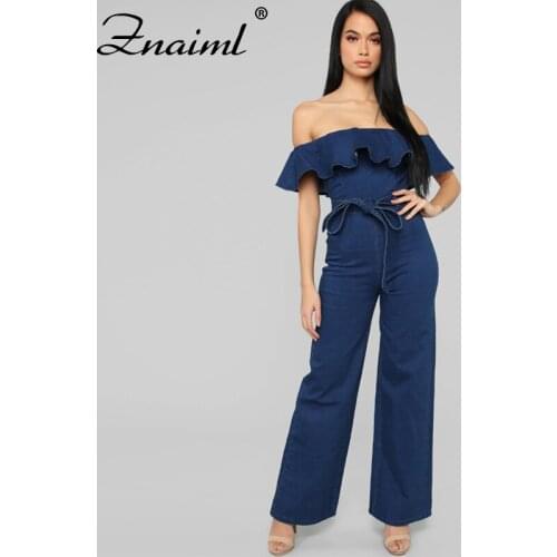 Znaiml Jumpsuits For Women Denim Overalls Romper Ruffles Design Belt Decor Off Shoulder Streetwear Straight Jumpsuits Jean Femme