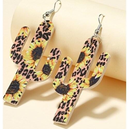 2021 Wholesale Sunflower Leather Earrings Leopard Print PU Cactus Earrings
