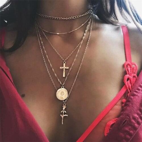 Ahmed Fashion Multiple Layers Rose Cross Necklaces for Women Charm Gold Silver Chokers Necklace Boho Collares Female Jewelry