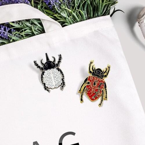 Beetles with brain and heart patterns Enamel Brooch Hercules rhino beetle Cartoon insect Lapel Pin Backpack jackets punk Badge