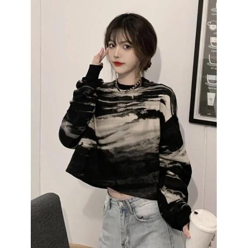 Short headless long sleeve hoodie Spring and Autumn 2021 new dark tie-dye loose blouse womens wear