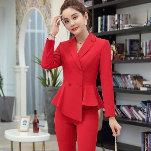Office Lady Formal Work Wear Pant Suit for Women Navy Blue Red 2 Piece Set womens Double Breasted Irregular Blazer and Trousers