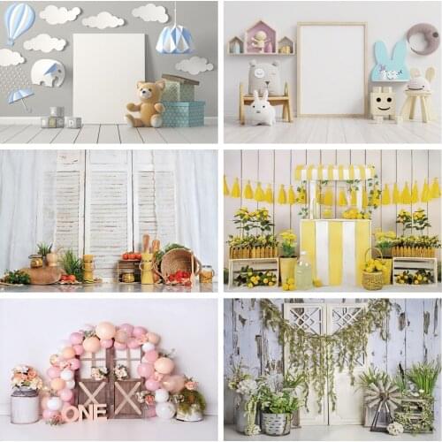 Laeacco Birthday Backgrounds Gray Wall Balloons Clouds Bear Gifts Baby Room Children Portrait Photography Backdrops Photo Studio