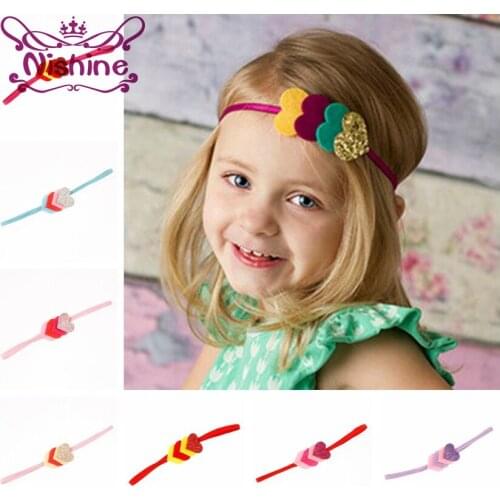 Nishine New Girls Four Love Heart Elastic Headband Children Gold Felt Peach Heart Hair Band Cloth Baby Accessories Headdress