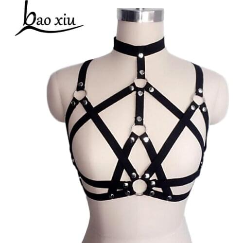 New Fashion Goth Women Chest metal O Ring Studded Strap Garter Belts Cage Bondage Lingerie Bust Bra Black accessories