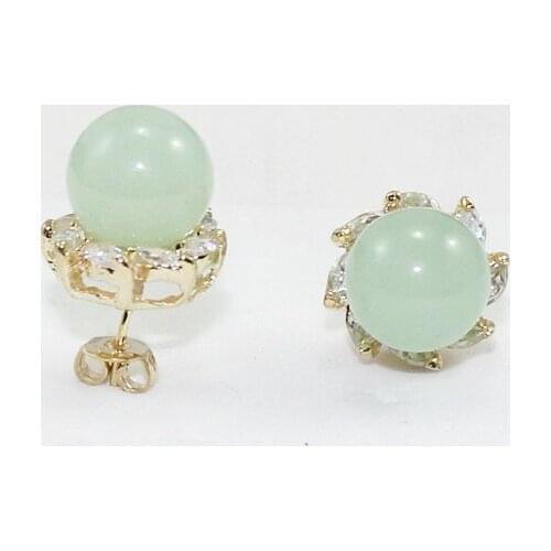 Wholesale nice jewelry 10mm light green Natural jade bead 18kgp crystal inlay earrings