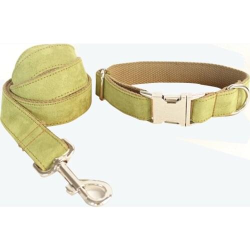 Customized Dog Collar Engraved Puppy ID Tag Leash Collar Set Adjustable Outdoor Solid Canvas Pet Collar Leash THE TREE Green