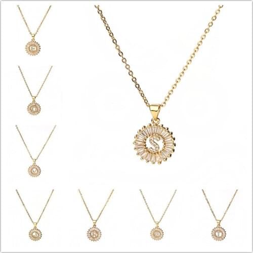 Stainless Steel Letter Series Pendant Necklace Gold Color Transparent Rhinestone Cubic Zirconia Concise Necklace For Men Gift