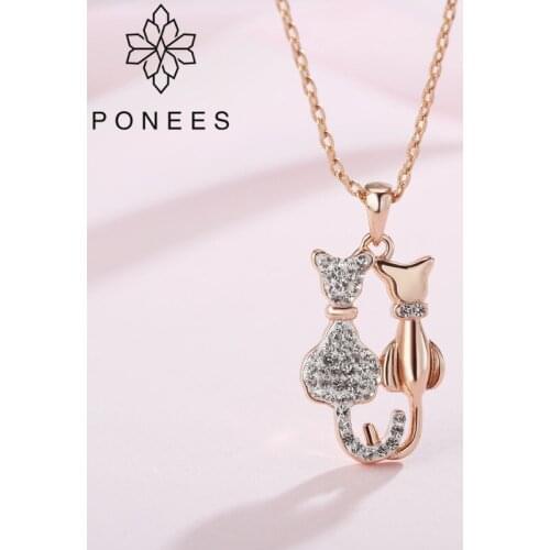 PONEES Animal Cat Pendant Necklace Jewelry Rose Gold Cat Couple Necklace For Women Lovers Jewelry Best Gift