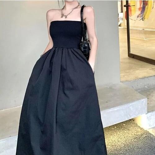 High waist slim tube top retro mid-length dress female summer French new a-line dress COTTON Polyester A-LINE Ruffles
