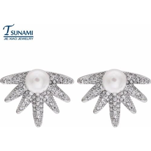 Popular 2017 tiny inlay zircon feather zircon pearl earrings Elegant luxury items for women/girls jewelry ER-085