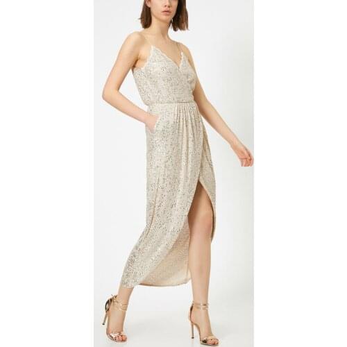 Sequined Strap Sleeveless with pocket Midi Dress beige color new season women elegant evening party fashion style
