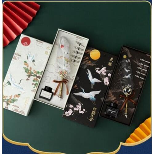 Retro Feather Pen Retro Quill Pen Chinese Crane Painted Design Calligraphy Writing Quill Pen School Executive Gifts