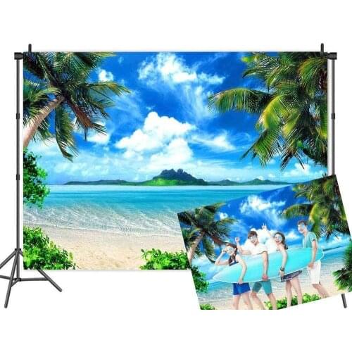 Happy Birthday Beach Backdrop Custom Luau Party Palm Sea Decoration Cloud Photography Backgrounds Photocall Banner