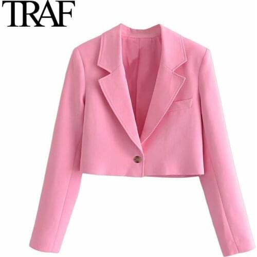 TRAF Women Clothing France Fashion Pink Suit Blazer Spring Autumn Long Sleeve Female Outerwear Crop Blazers Coat Mujer